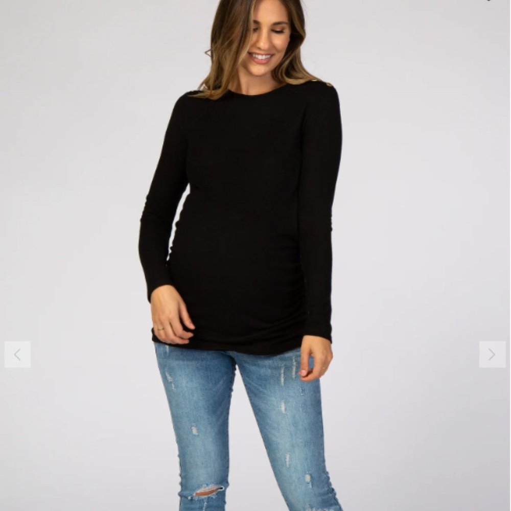 Pink Blush PinkBlush Black Soft Knit Button Shoulder Ruched Side Maternity Top
